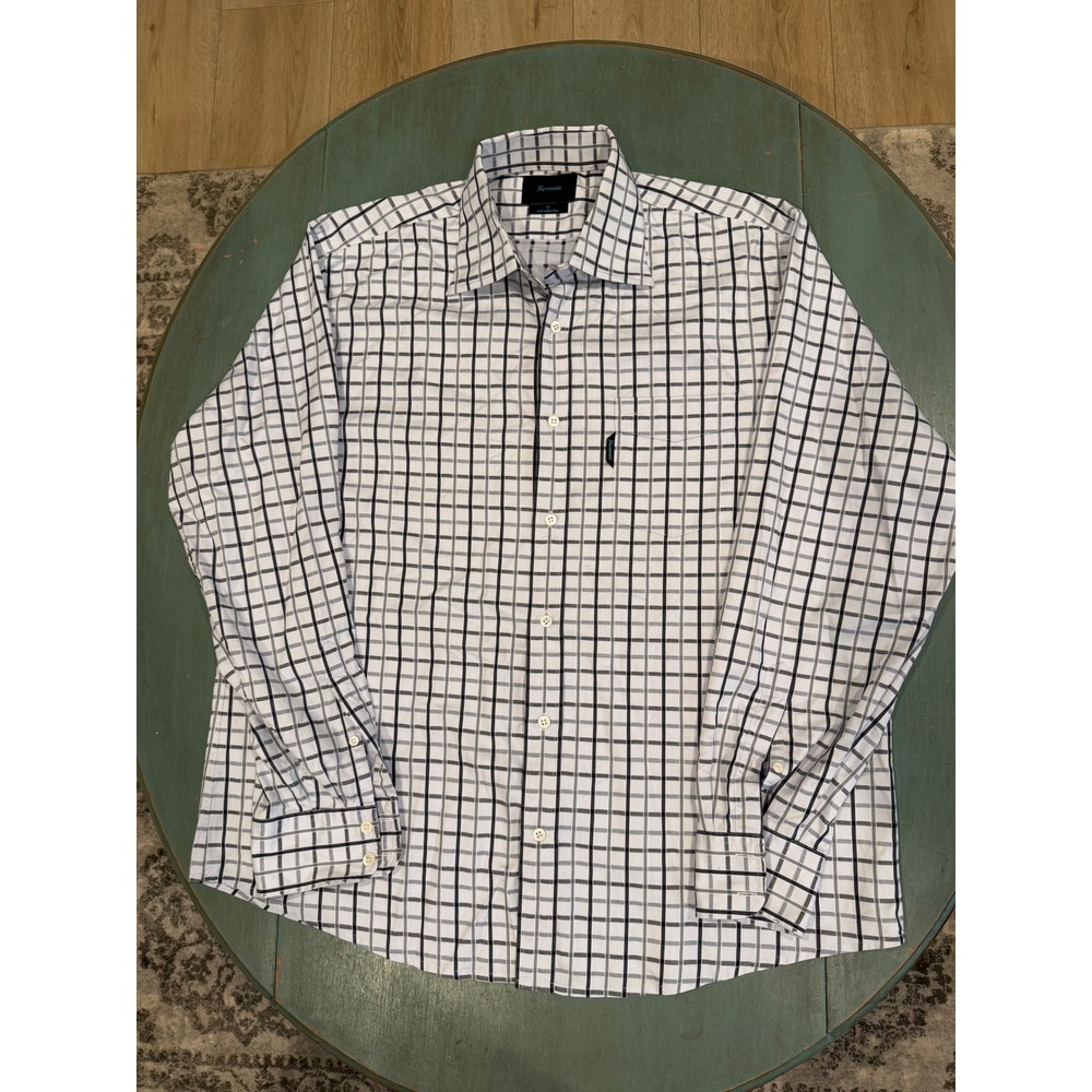 Faconnable Mens XL Button Down Shirt‎ White Black Grey Windowpane Check Cotton